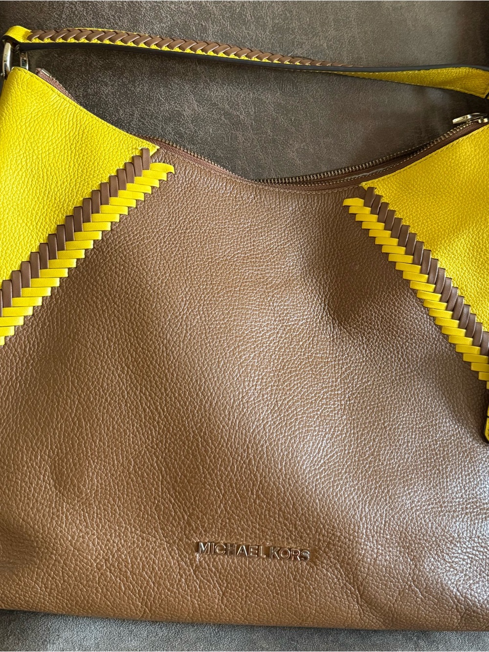 MICHAEL KORS Brown and Yellow Leather Shoulder Hobo